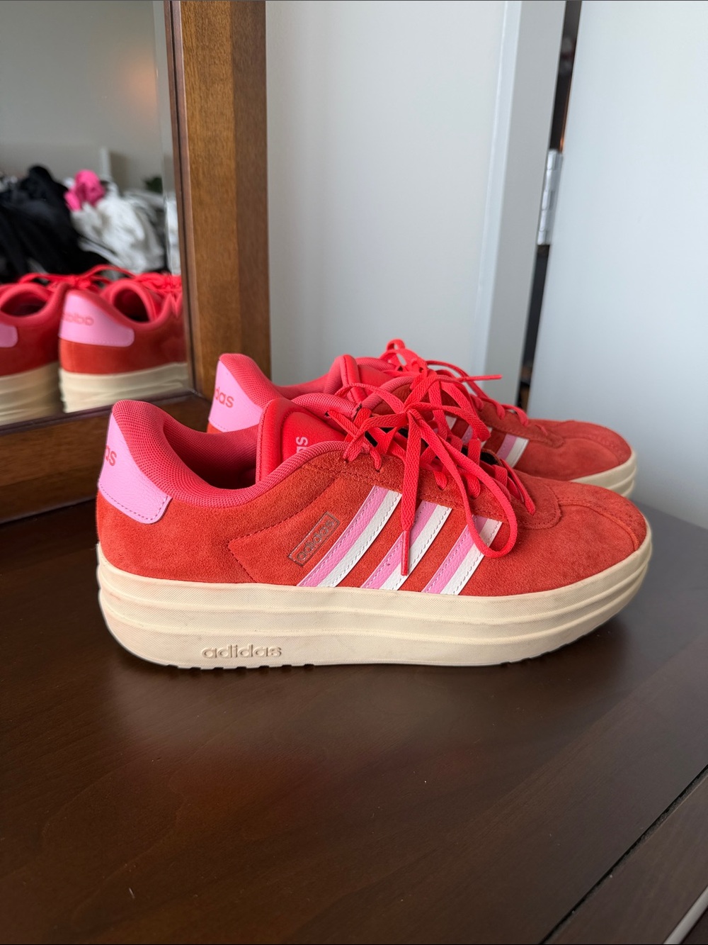 adidas Women’s Red Suede Platform Sneakers with Pink Accents